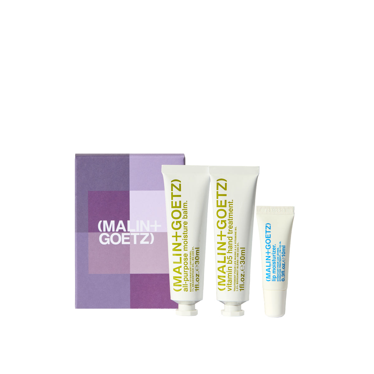 holiday hydration trio gift set. includes all-purpose moisture balm. 1 fl. oz. / 30ml, vitamin b5 hand treatment. 1 fl. oz. / 30 ml, and lip moisturizer. 0.3 fl. oz. / 10 ml