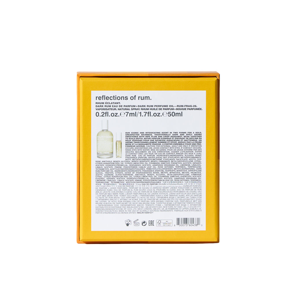 reflections of rum holiday set includes dark rum eau de parfum. 1.7 fl. oz.  / 50ml and dark rum perfume oil. 0.2 fl. oz. / 7ml